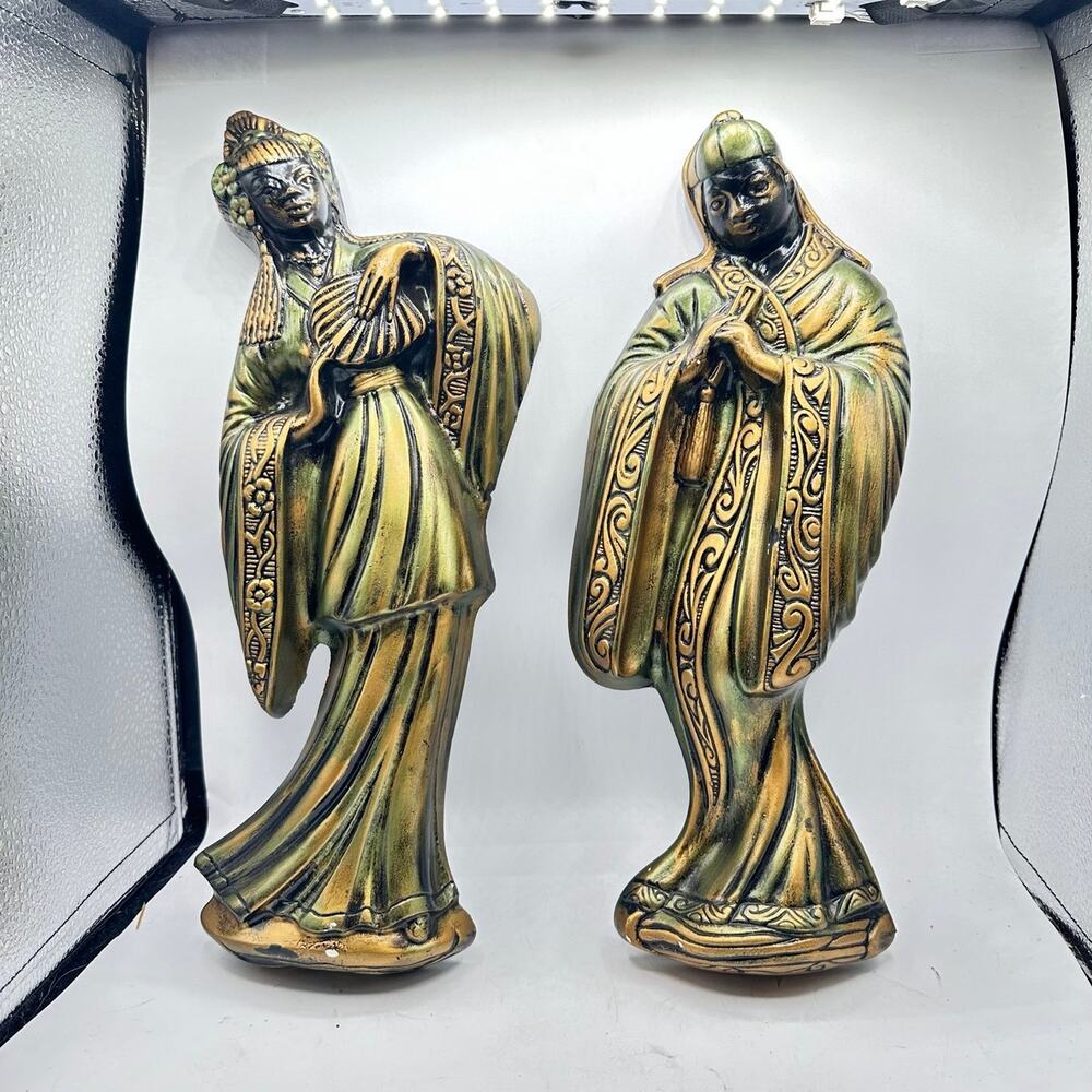 MCM RARE Vintage Chalkware Plaster Asian theme Man & Woman Wall hanging - Picture 2 of 9